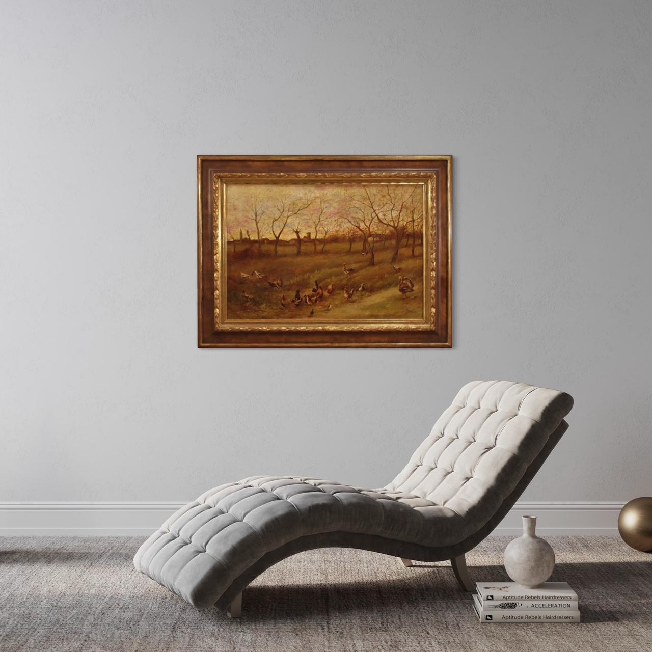Great Italian painting from the mid-20th century. Framework oil on canvas depicting countryside landscape with farmyard animals of good pictorial quality. Painting of great measure and impact with frame in wood and plaster finely carved, chiseled,
