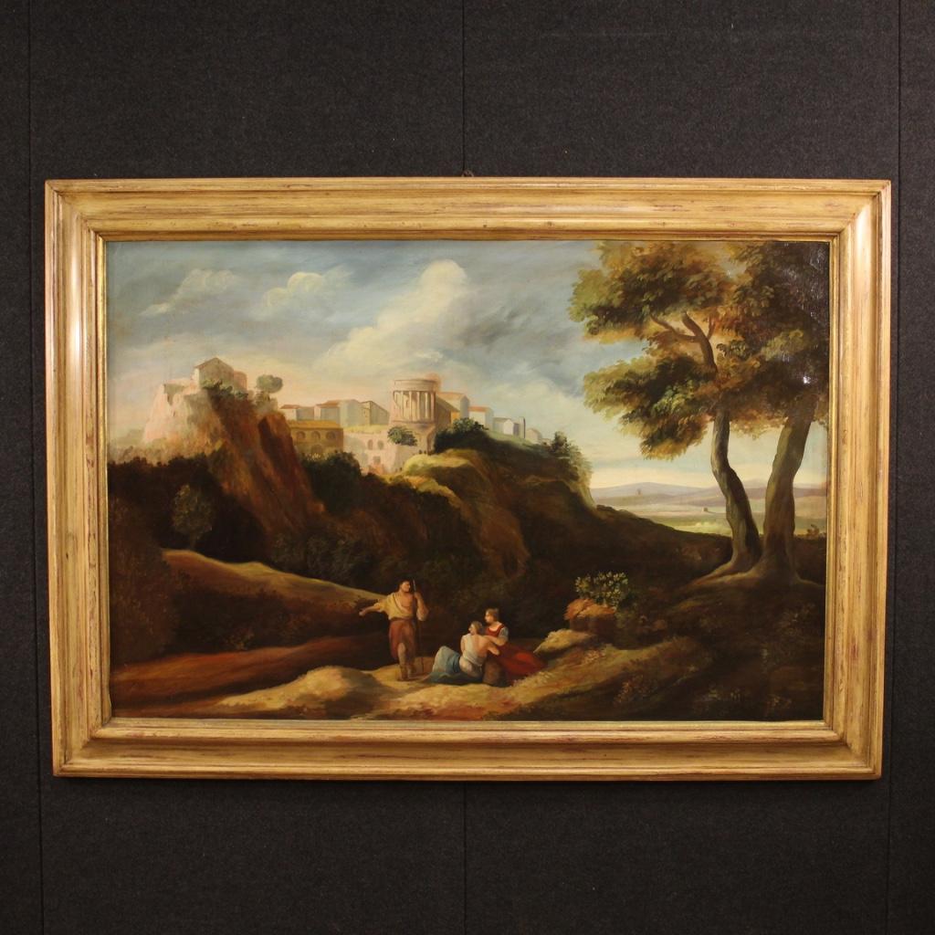 Great Italian painting from the second half of the 20th century. Painting oil on canvas, in first canvas, depicting landscape with architectures and characters of beautiful decoration and pleasant pictorial quality. Painting complete with lacquered