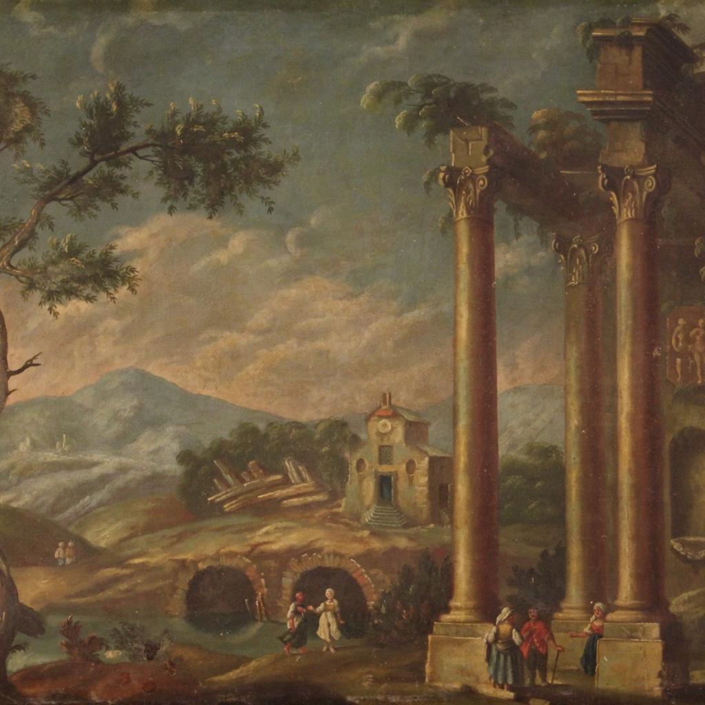 Italian painting from the first half of the 20th century. Framework oil on canvas whim with architectures and characters of eighteenth-century style of good pictorial quality. Framework of good size and pleasant decor, lacking frame. Painting in a