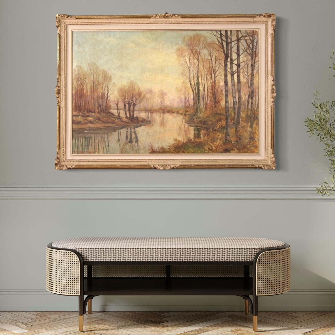 Italian painting from the mid-20th century. Oil on canvas artwork, first canvas, depicting an autumnal view, countryside river landscape of good pictorial quality. Painting adorned with a beautifully decorated lacquered and gilded (bronze tint)