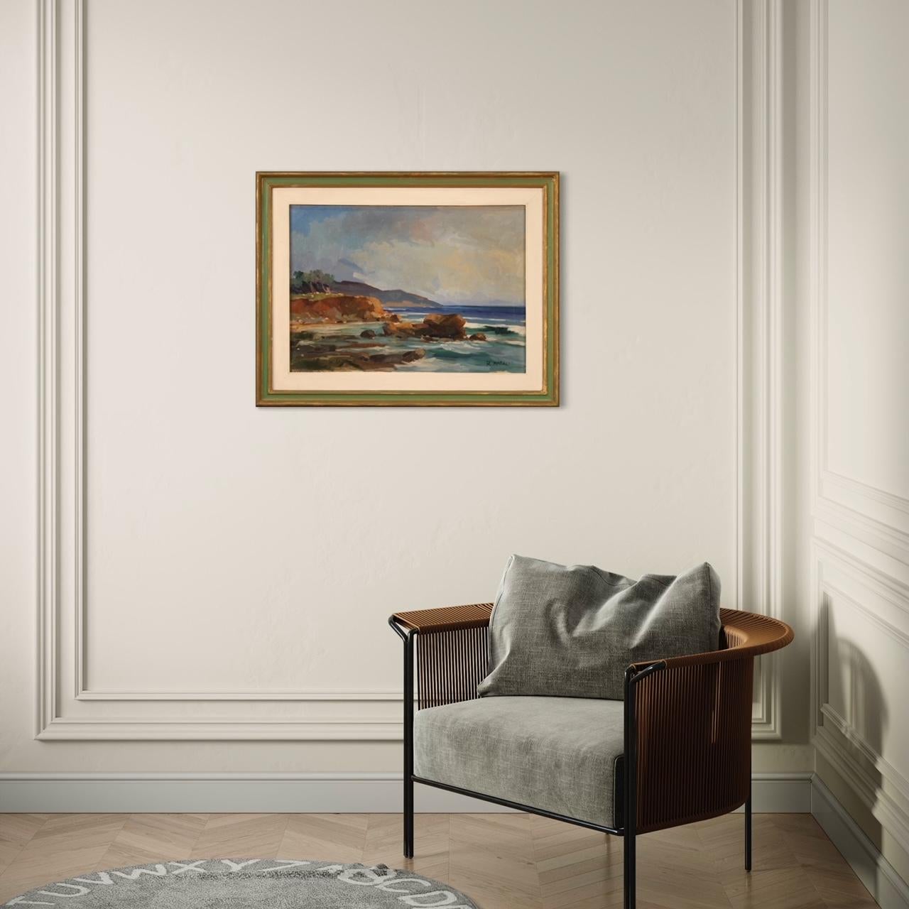 Italian painting from the mid-20th century. Oil on canvas artwork depicting a seascape with rocks of good pictorial quality. Painting adorned with a golden (bronze colored) and painted wooden frame. Painting of good brightness and pleasant decor,