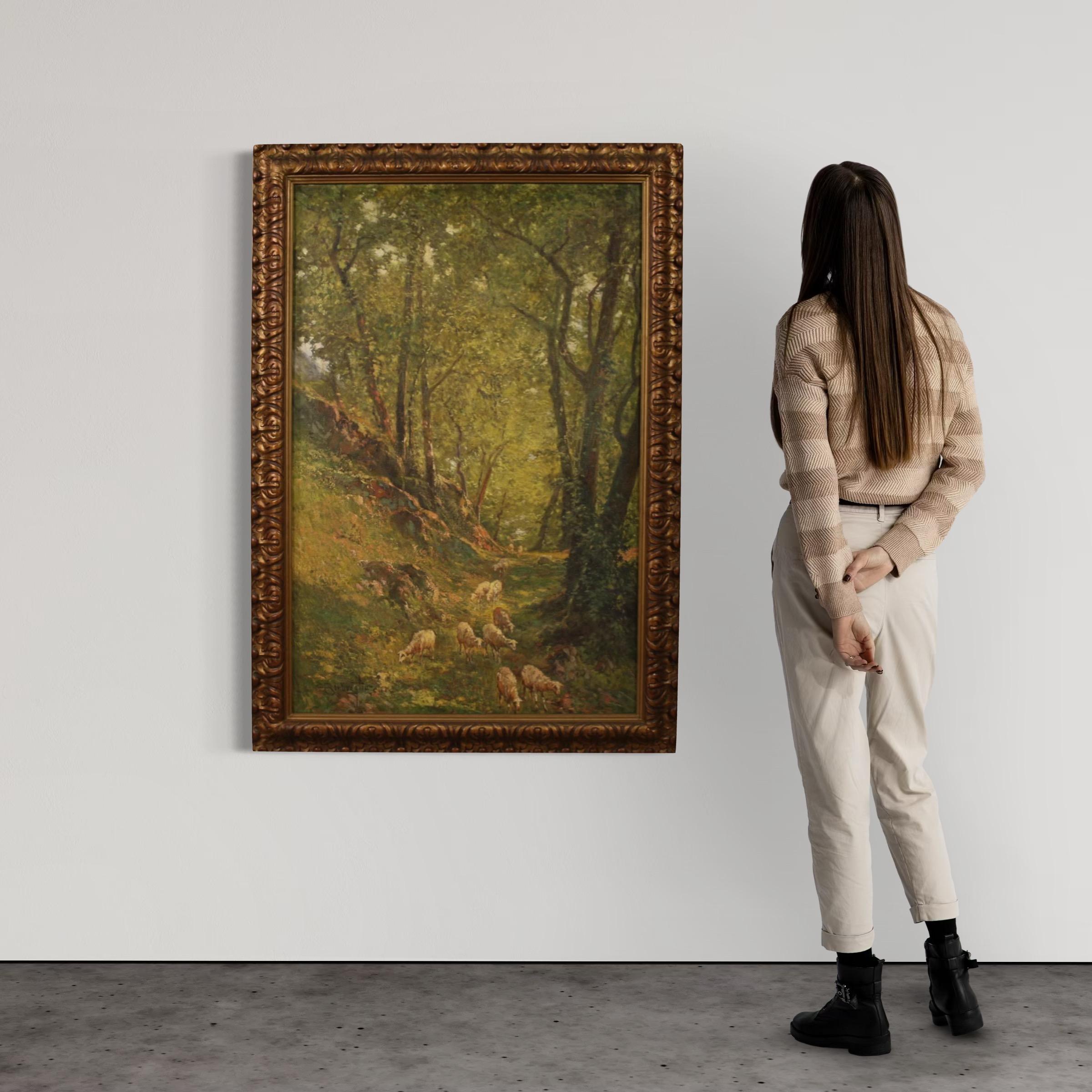 Italian landscape from the first half of the 20th century. Oil on canvas, first canvas, painting depicting an intriguing woodland landscape with sheep, of excellent pictorial quality. A beautifully sized and proportioned painting that unfolds