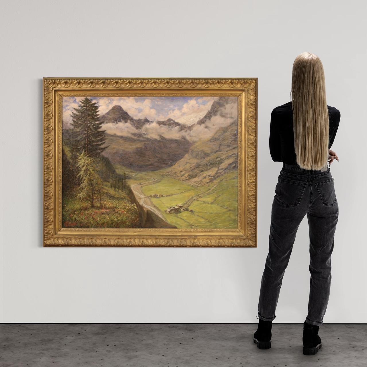 Italian painting dated 1919. Oil on canvas, first canvas, depicting an impressionist mountain landscape of exceptional size and excellent pictorial quality. Contemporary frame, in wood and plaster, carved and gilded of beautiful decoration. Painting