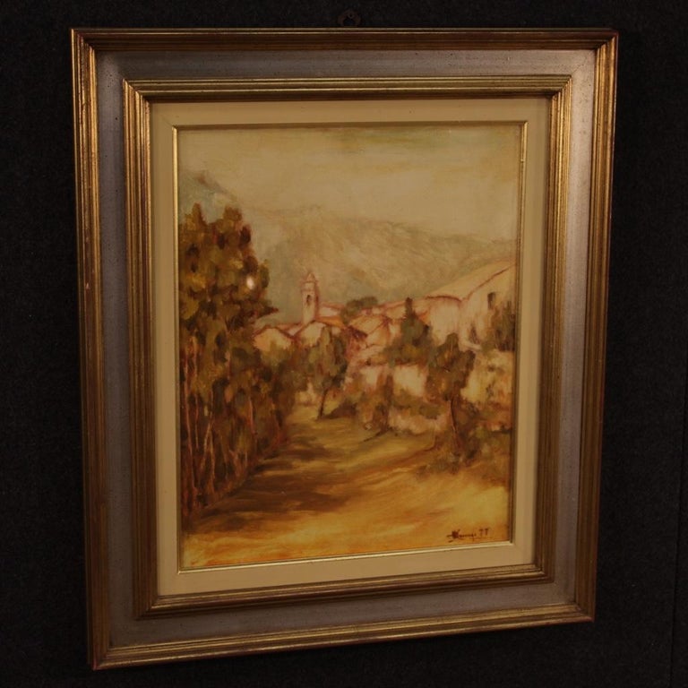 Italian painting dated 1977. Oil painting on canvas depicting a country view in the Impressionist style. Beautiful and pleasant framework signed and dated in the lower right corner (see photo). Carved, silvered and gilded wooden frame with lacquered