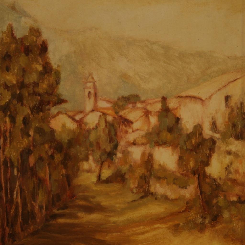 Siglo XX Óleo sobre lienzo Paisaje italiano Pintura firmada, 1977 en Bueno estado para la venta en Vicoforte, Piedmont