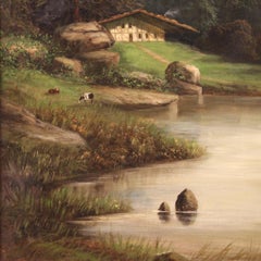 Huile sur toile du 20e siècle Paysage italien avec une cabane, peinture d'automne, 1960