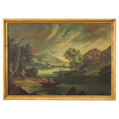 huile sur toile du 20e siècle Paysage italien avec personnages, 1960