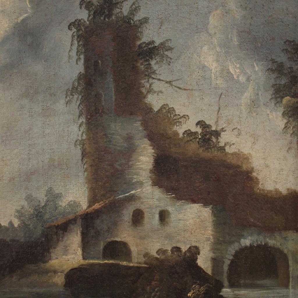 18th Century 20th Century Oil on Canvas Italian Landscape With Ruins Painting, 1780