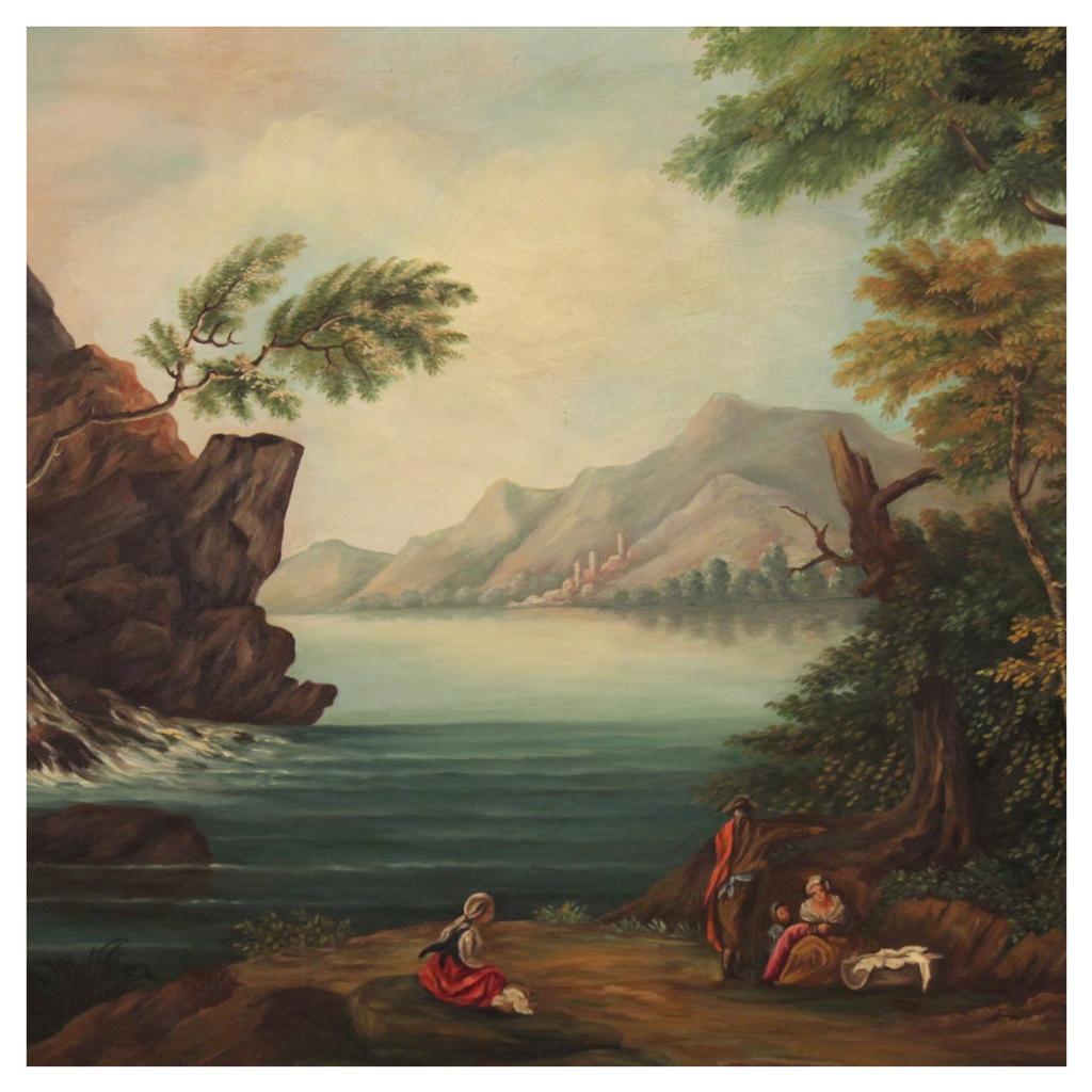 Italian painting from the second half of the 20th century. Framework oil on canvas depicting a view of the lake with characters of eighteenth-century style. Painting signed lower right (see picture) under study. Painting of beautifu size and