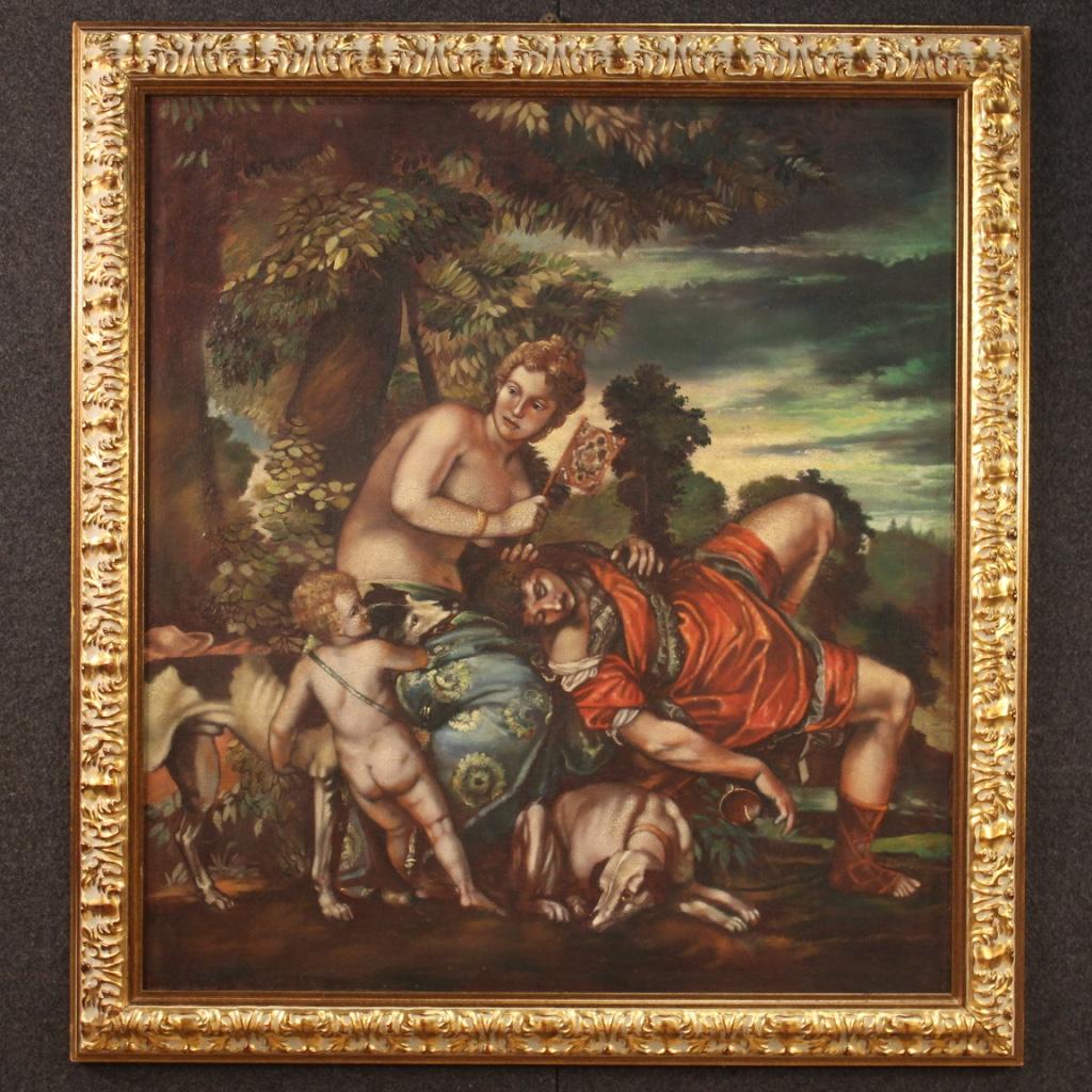 Italian decoration painting from the 20th century. Framework oil on canvas in antique eighteenth-century style of mythological subject and good pictorial quality. Modern frame in wood and plaster carved and gilded of beautiful decoration. Framework