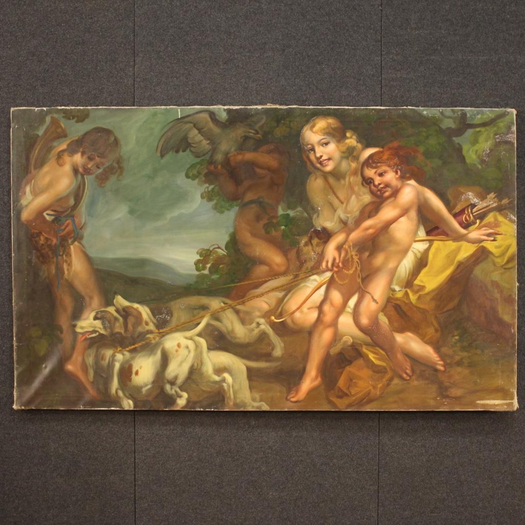 Italian painting from the first half of the 20th century. Framework oil on canvas depicting mythological subject Diana the Huntress of excellent pictorial quality. Painting of great measure and impact, of excellent brightness and dynamism, without