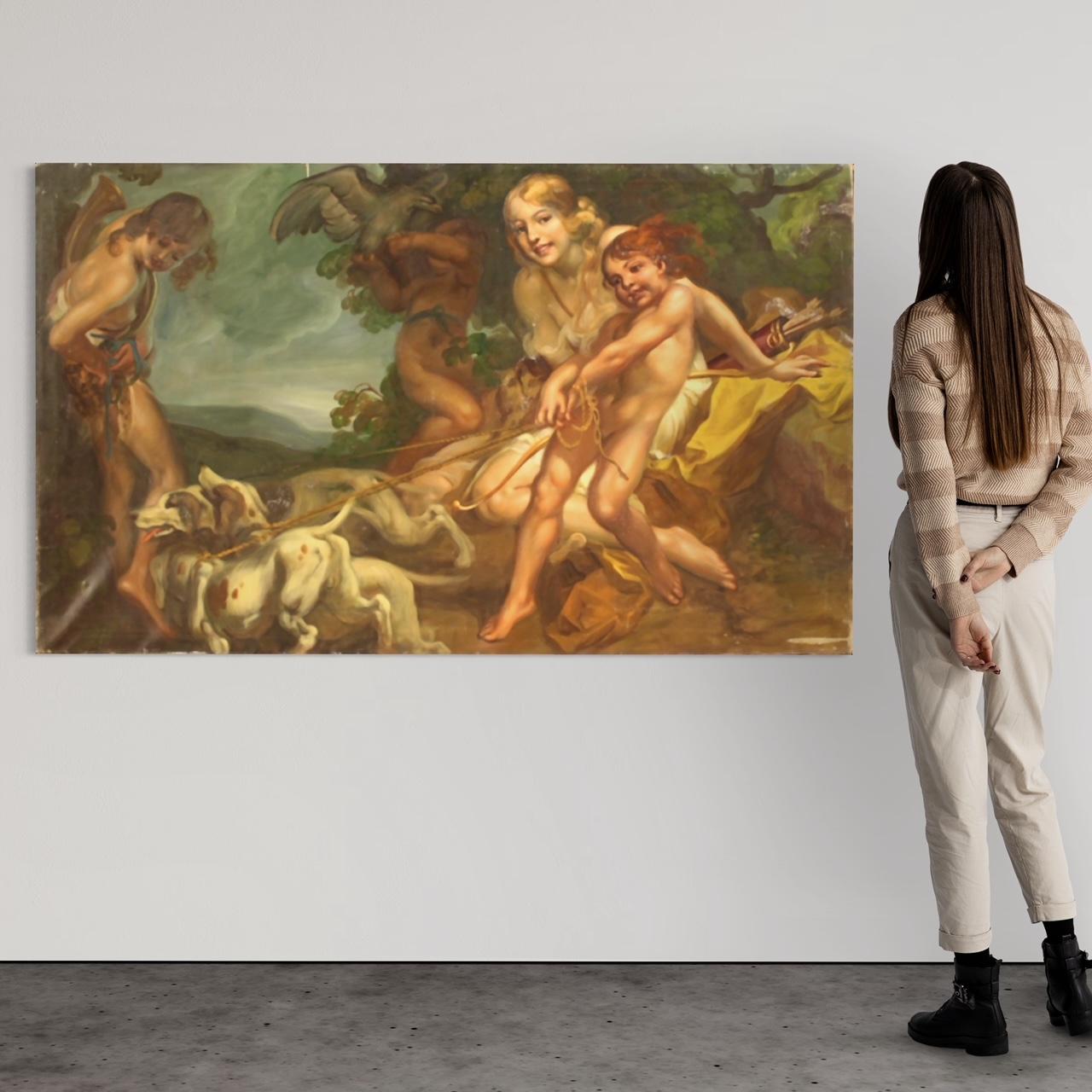Peinture italienne de la première moitié du XXe siècle. Cadre à l'huile sur toile représentant un sujet mythologique, Diane chasseresse, d'une excellente qualité picturale. Peinture d'une grande ampleur et d'un grand impact, d'une excellente