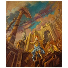 20th Century Oil on Canvas Italian Mythological Painting with Warriors and Ruins