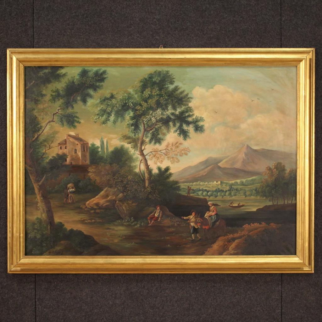 Italian painting from the middle of the 20th century. Framework oil on canvas depicting a bucolic landscape with characters of eighteenth-century style. Painting signed lower left MB Emprin G. (see picture) referable to the painter Giuliano Emprin