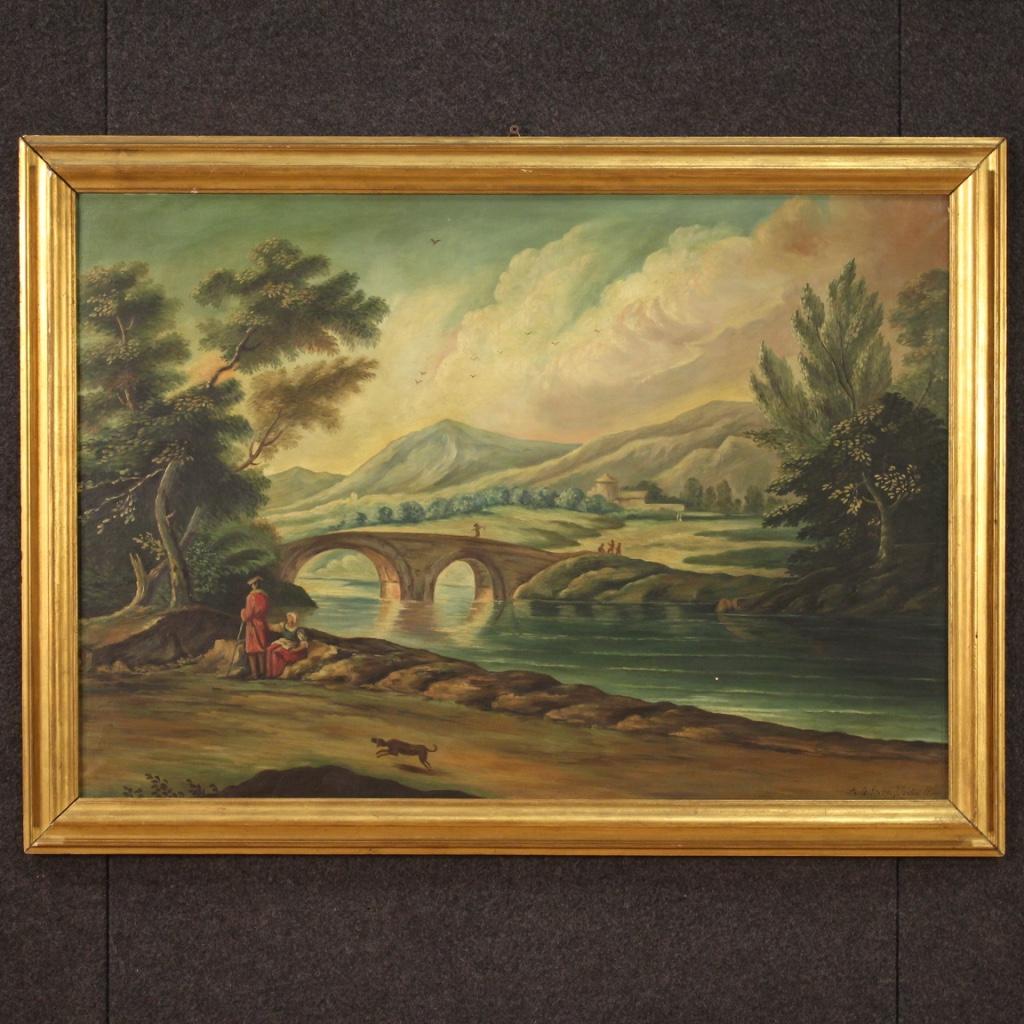 Italian painting from the second half of the 20th century. Framework oil on canvas depicting countryside landscape with bridge and characters of eighteenth-century style. Painting signed lower right Emprin Giuliano (see picture) referable to the