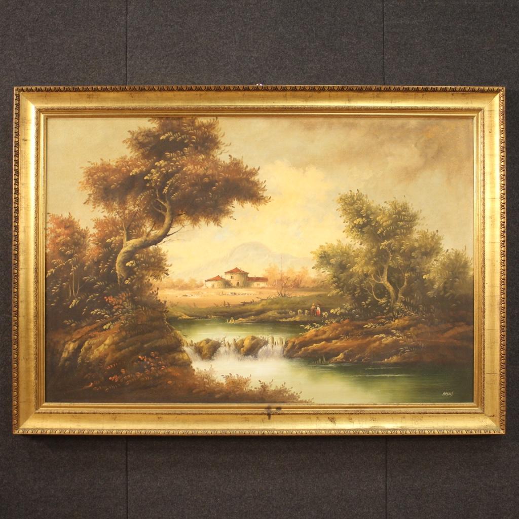 Large Italian painting from the second half of the 20th century. Framework oil on canvas depicting countryside landscape with figures and cottage in the background of good pictorial quality. Painting signed lower right (see picture) signature under