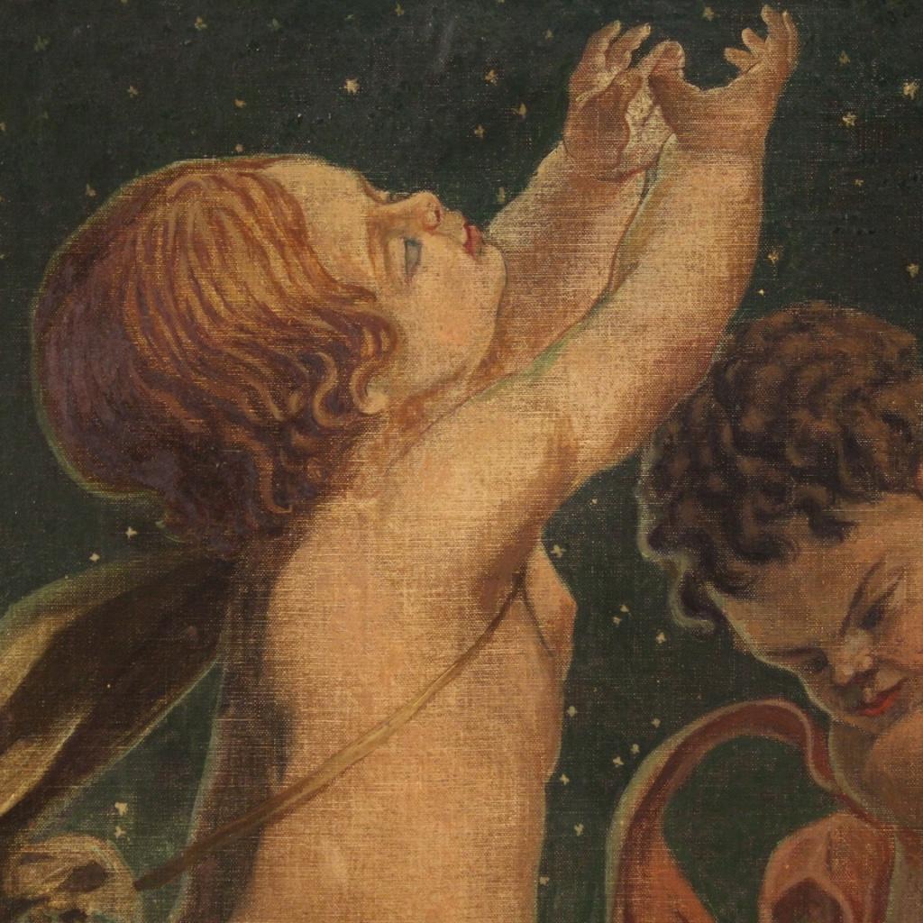 20th Century Oil on Canvas Italian Painting Game of Putti on a Starry Sky, 1950 3