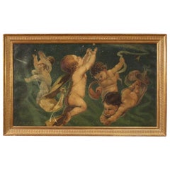 20th Century Oil on Canvas Italian Painting Game of Putti on a Starry Sky, 1950
