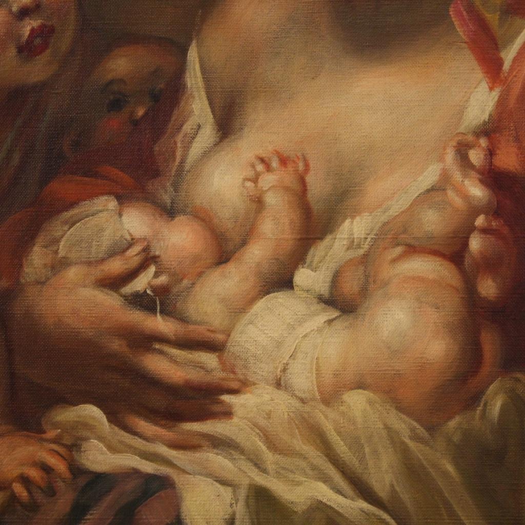 20th Century Oil on Canvas Italian Painting Interior Scene Mother Children, 1930 6