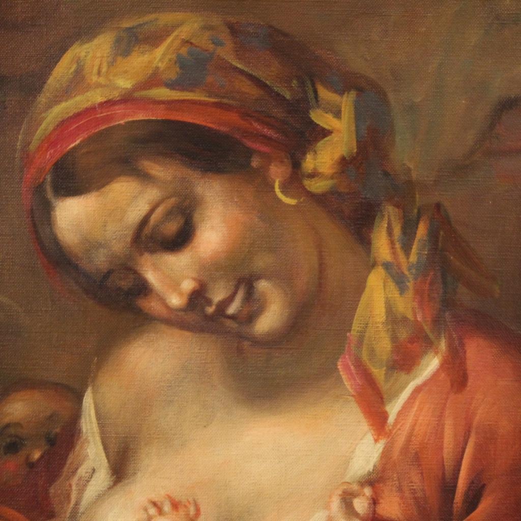 20th Century Oil on Canvas Italian Painting Interior Scene Mother Children, 1930 7