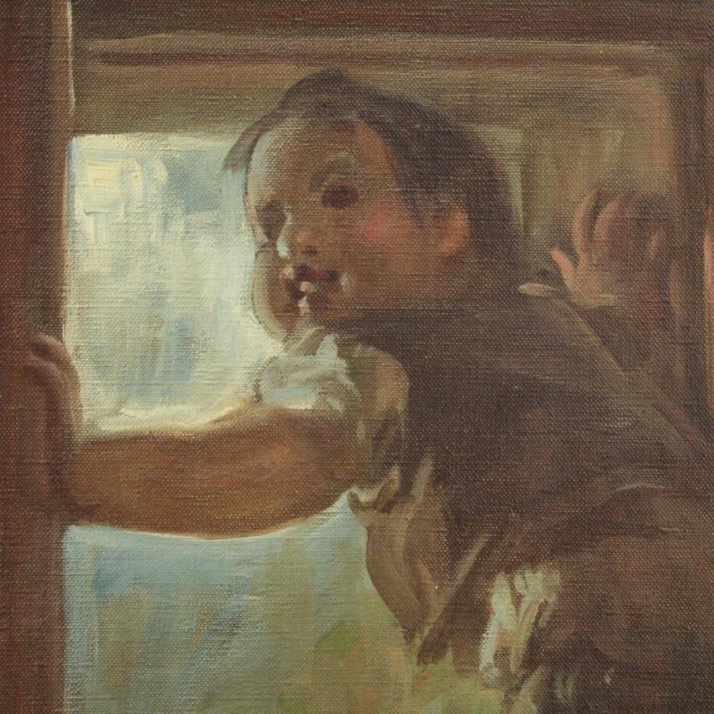20th Century Oil on Canvas Italian Painting Interior Scene Mother Children, 1930 8