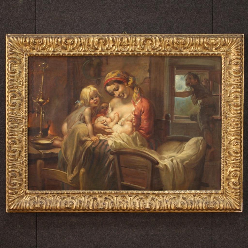 Italian painting from the first half from the 20th century. Framework oil on canvas, on the first canvas, depicting an interior scene Mother with children of excellent pictorial quality. Painting of large size and pleasant decor with frame in finely