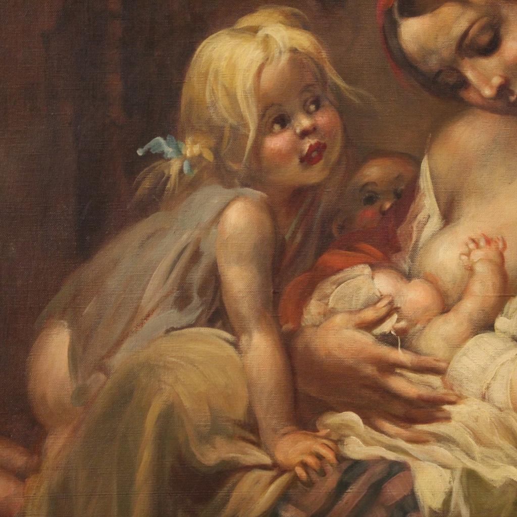20th Century Oil on Canvas Italian Painting Interior Scene Mother Children, 1930 3