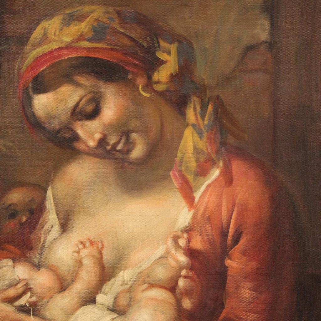20th Century Oil on Canvas Italian Painting Interior Scene Mother Children, 1930 4