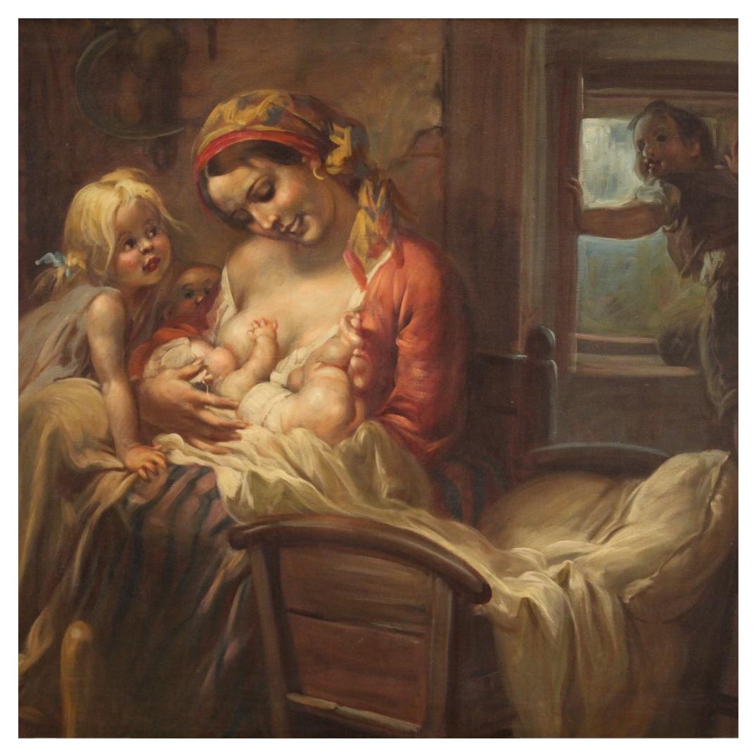 20th Century Oil on Canvas Italian Painting Interior Scene Mother Children, 1930