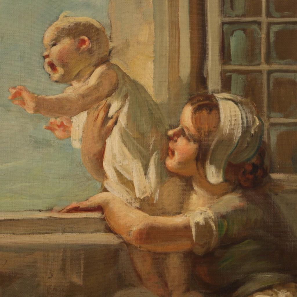 20th Century Oil on Canvas Italian Painting Interior Scene with Children, 1930 6
