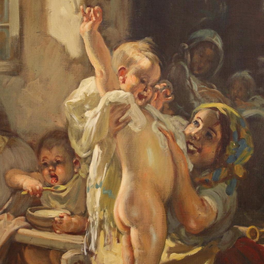 20th Century Oil on Canvas Italian Painting Interior Scene with Children, 1930 7