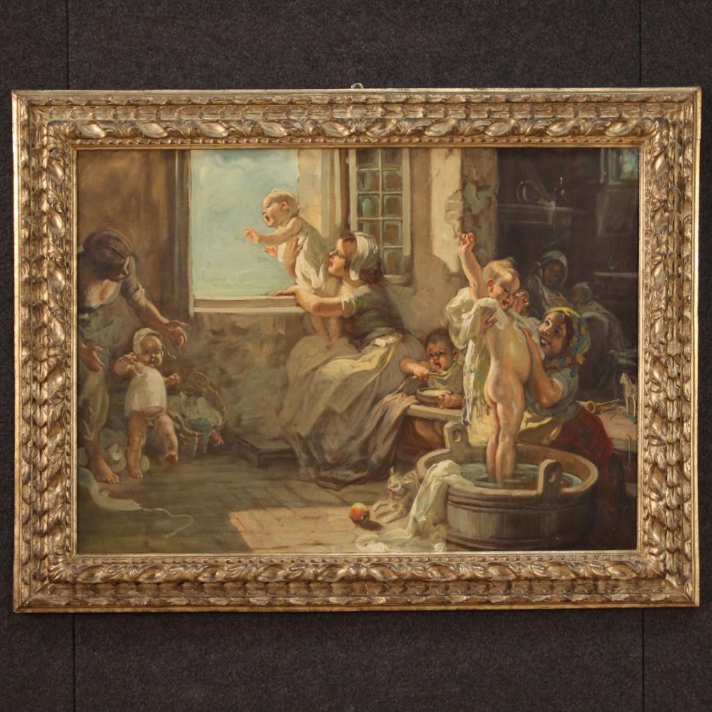 Italian painting from the first half of the 20th century. Framework oil on canvas, on the first canvas, depicting a fabulous interior scene with children of excellent pictorial quality. Finely chiseled and silvered wooden frame of beautiful