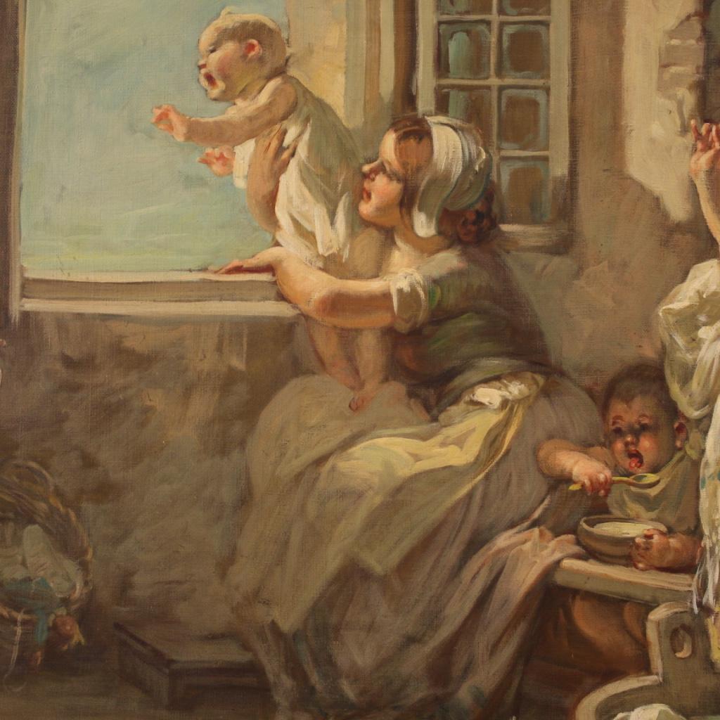 20th Century Oil on Canvas Italian Painting Interior Scene with Children, 1930 2