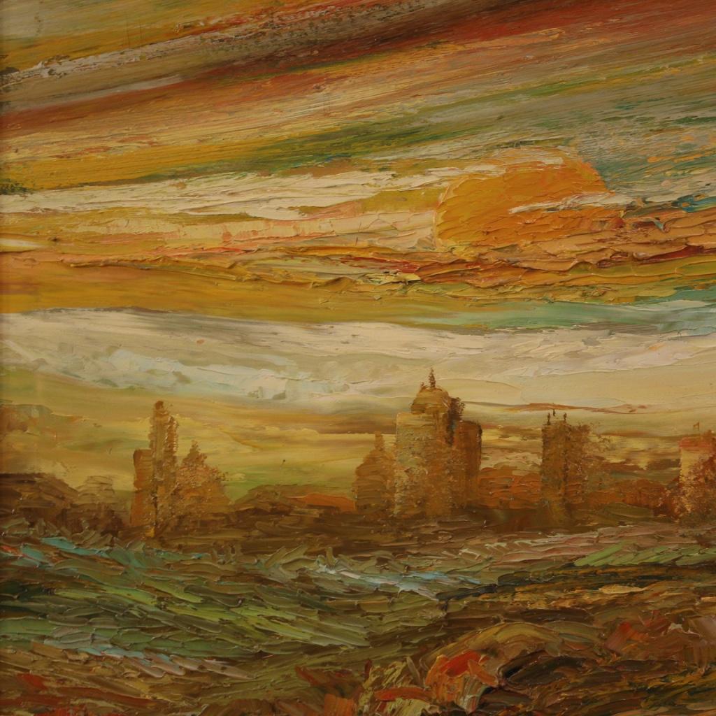 20th Century Oil on Canvas Italian Painting Landscape Sunset on Fire, 1975 5