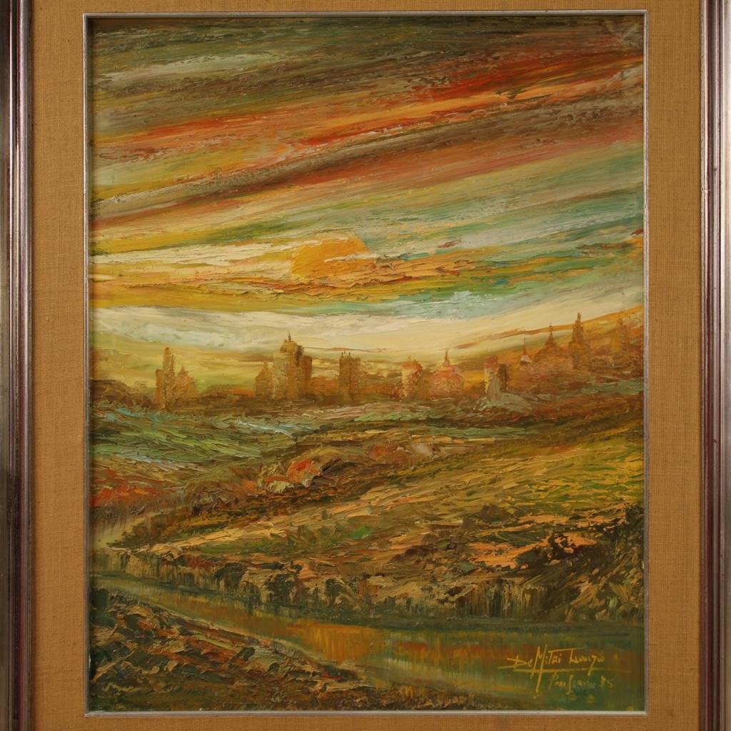 Large Italian painting dated 1975. Framework oil on canvas depicting a painting titled Sunset on Fire (dated and signed on the back 27/12/1975). Painting signed lower right (see picture) referable to the painter Leonzio De Mitri, lacking