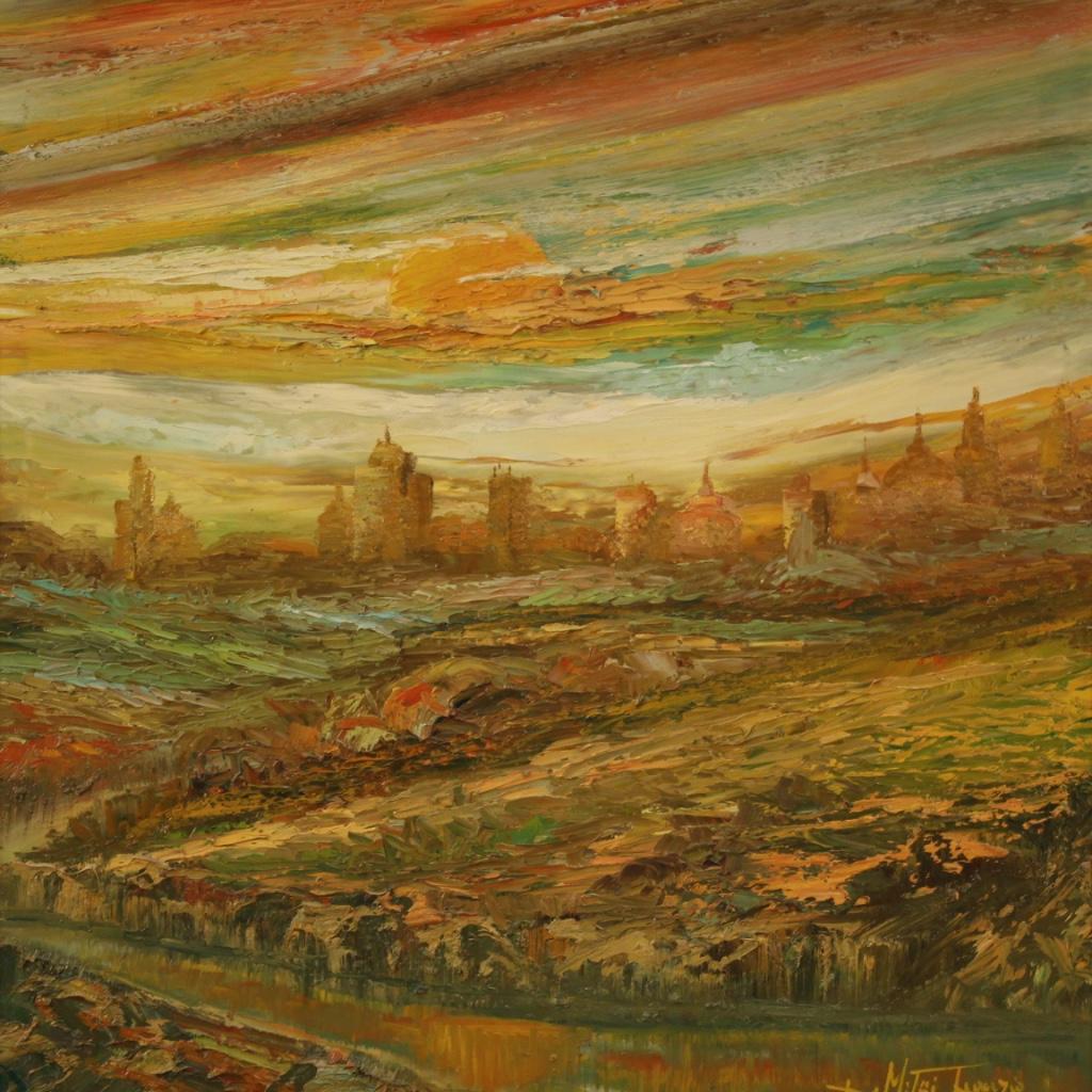 20th Century Oil on Canvas Italian Painting Landscape Sunset on Fire, 1975 1