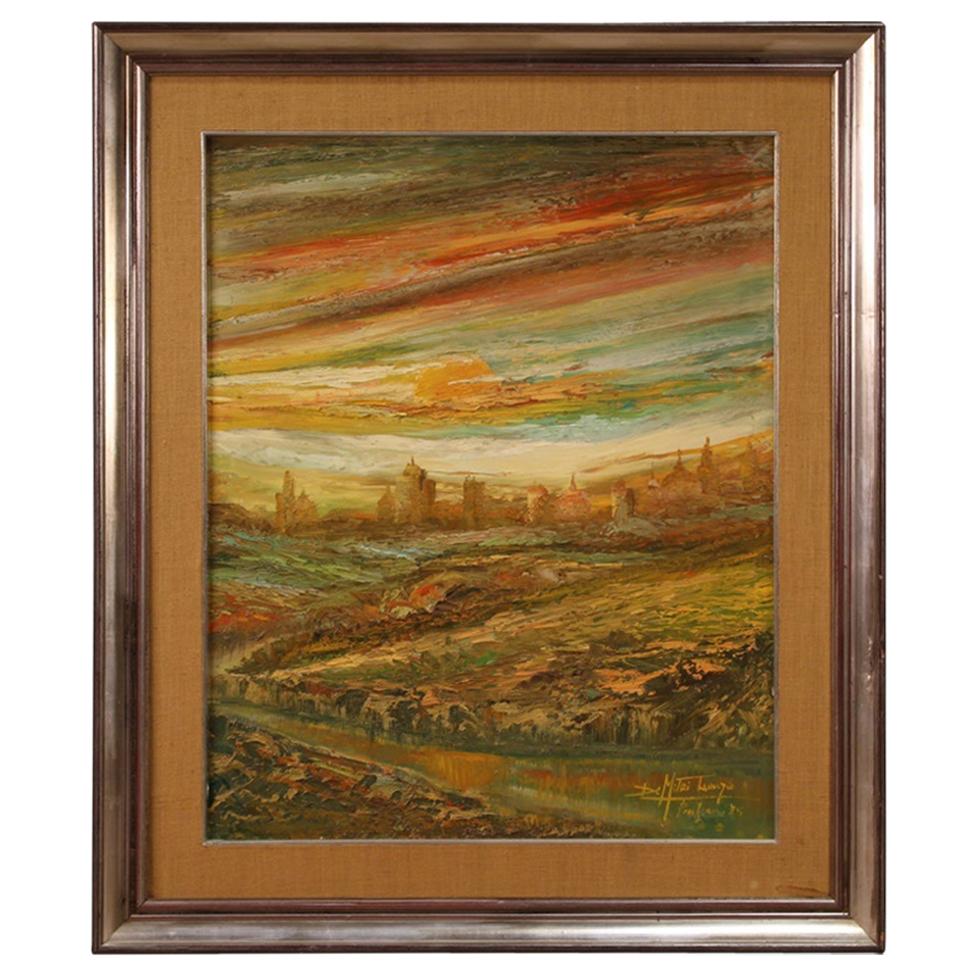 20th Century Oil on Canvas Italian Painting Landscape Sunset on Fire, 1975
