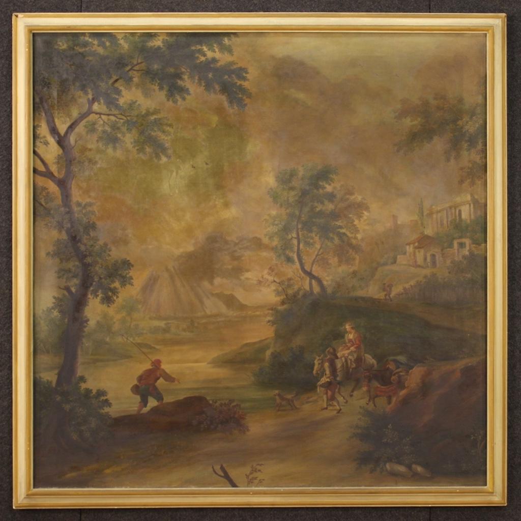Large Italian painting from the mid-20th century. Framework oil on canvas depicting eighteenth-century landscape with characters of good pictorial quality. Painting of pleasant decor, ideal for use in a living room or studio. Lacquered and painted