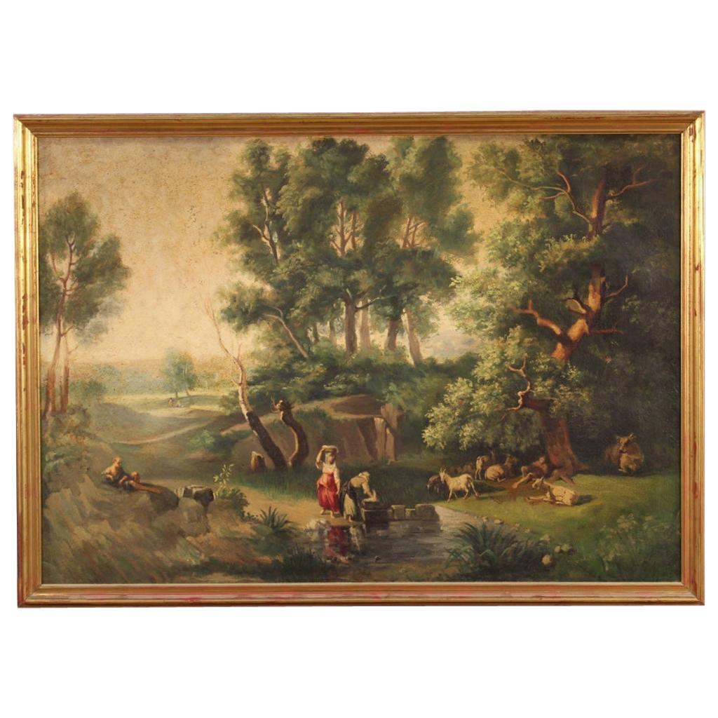 20th Century Oil on Canvas Italian Painting Landscape with Characters, 1950