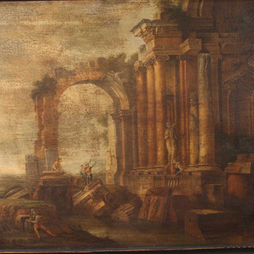 Italian painting from the second half of the 20th century. Oil painting on canvas depicting landscape with characters and ruins in 18th century style. Framework of good size and pleasant pictorial quality with a beautifully decorated lacquered and