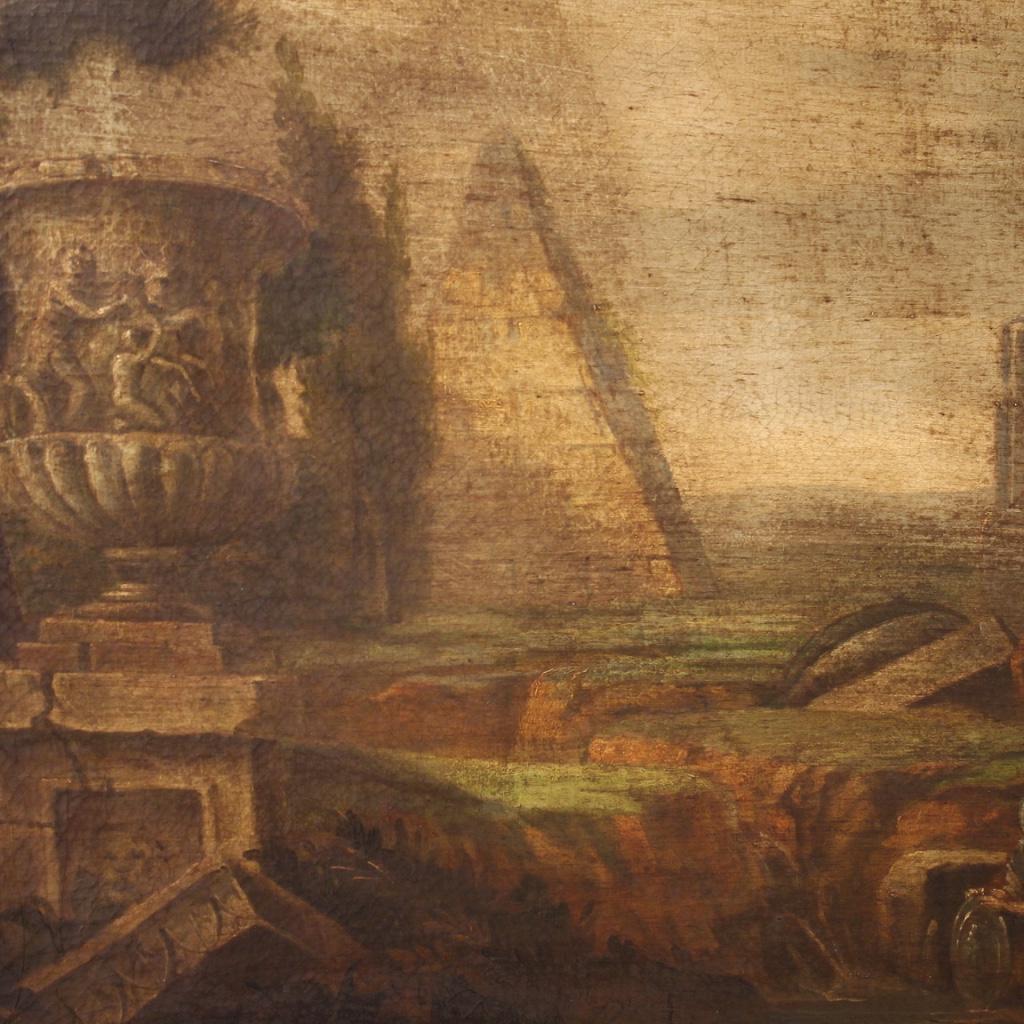 20th Century Oil on Canvas Italian Painting Landscape with Characters and Ruins 4
