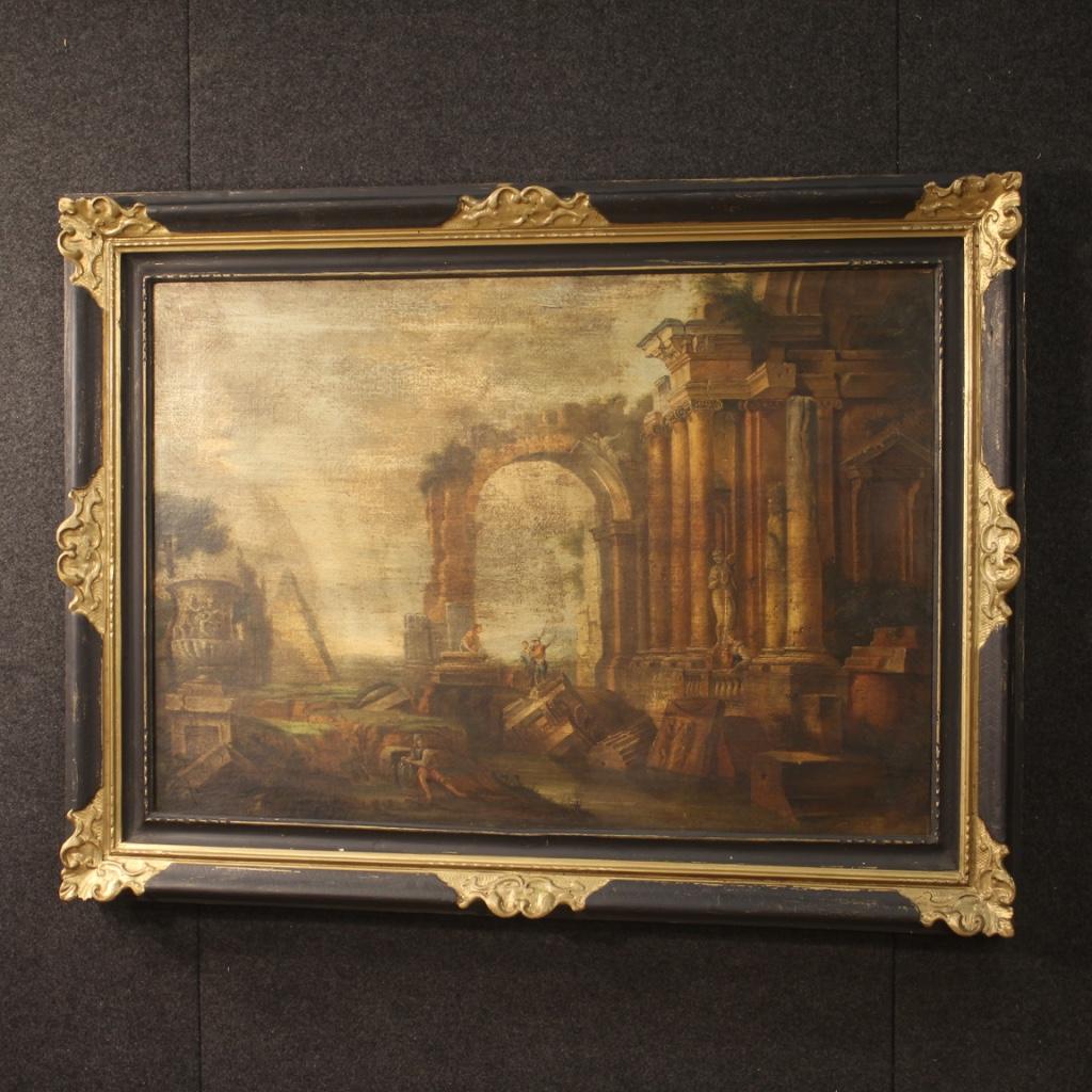 20th Century Oil on Canvas Italian Painting Landscape with Characters and Ruins 6