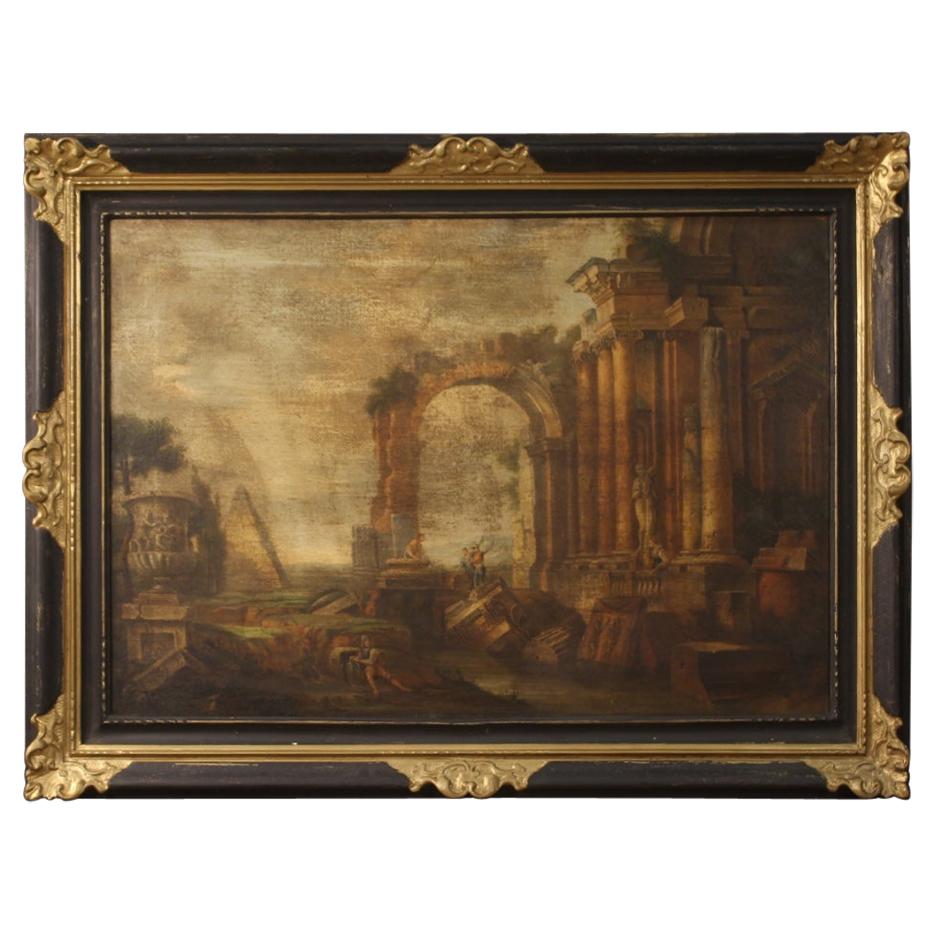 20th Century Oil on Canvas Italian Painting Landscape with Characters and Ruins
