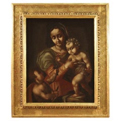 Antique 20th Century Oil on Canvas Italian Painting Madonna with Child Saint John, 1650