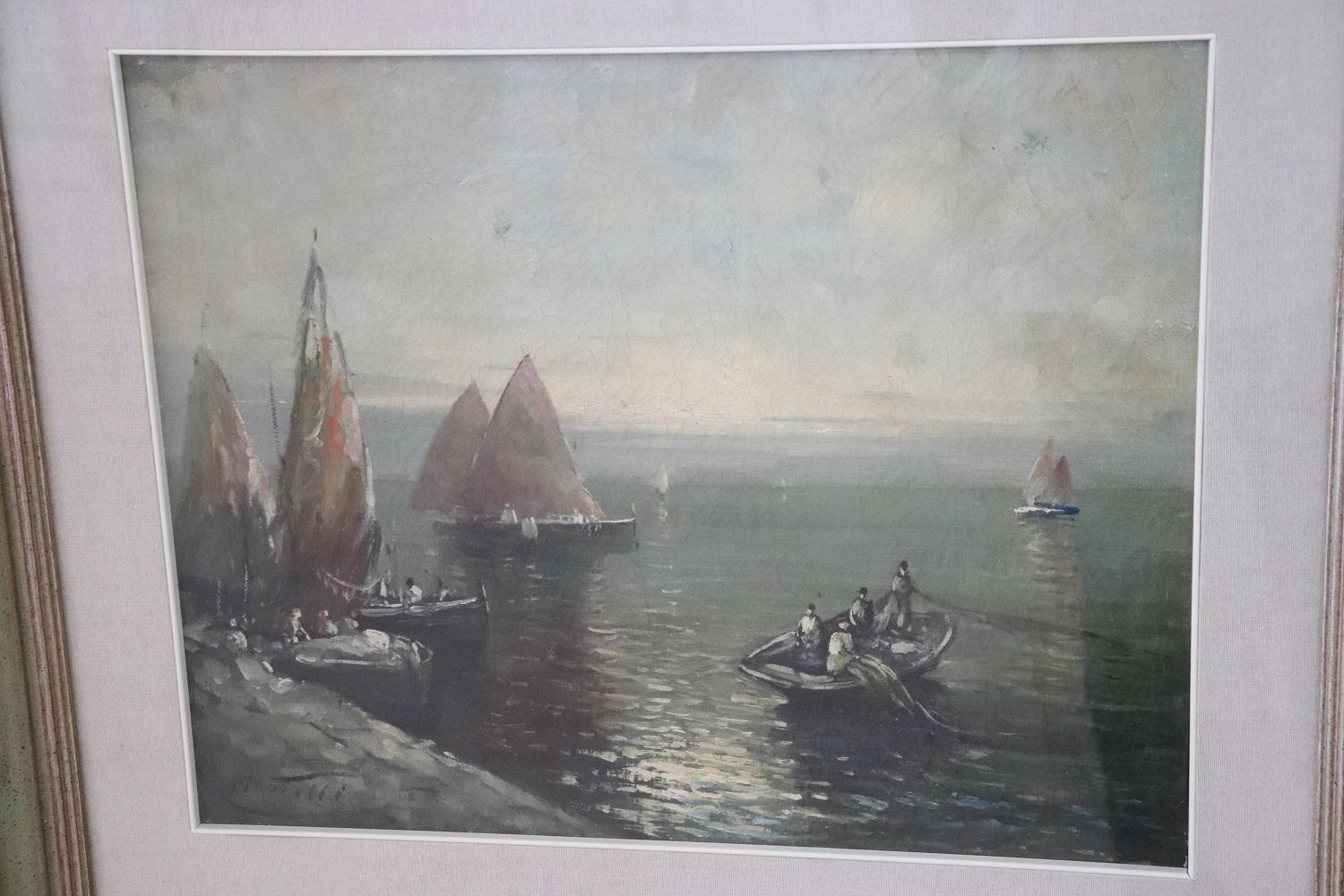Pintura al óleo sobre lienzo Puerto deportivo con pescadores Firmado Italiano en venta