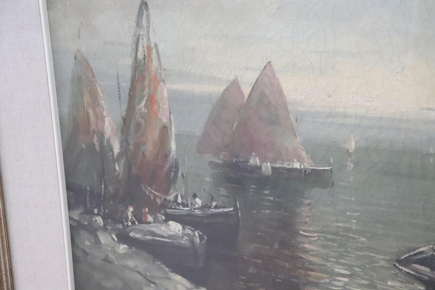 Pintura al óleo sobre lienzo Puerto deportivo con pescadores Firmado Aceitado en venta