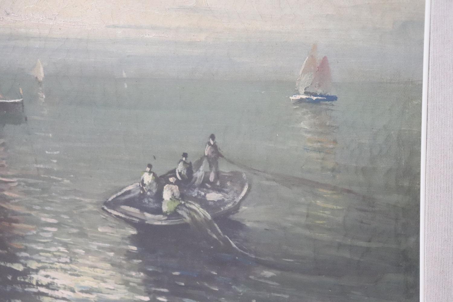 Pintura al óleo sobre lienzo Puerto deportivo con pescadores Firmado en Excelente estado para la venta en Casale Monferrato, IT