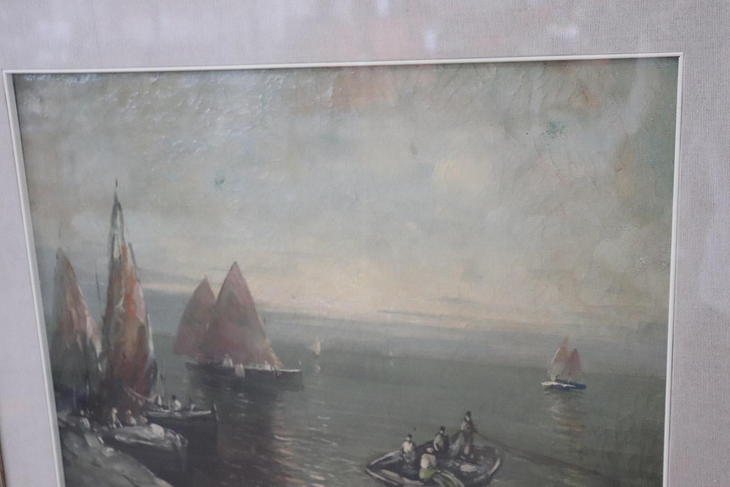 Pintura al óleo sobre lienzo Puerto deportivo con pescadores Firmado siglo XX en venta
