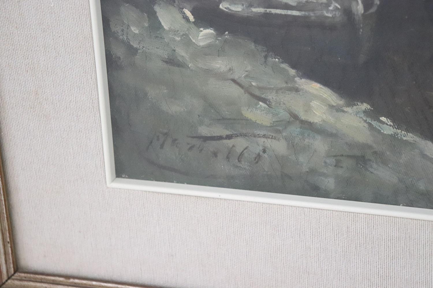 Pintura al óleo sobre lienzo Puerto deportivo con pescadores Firmado Lienzo en venta