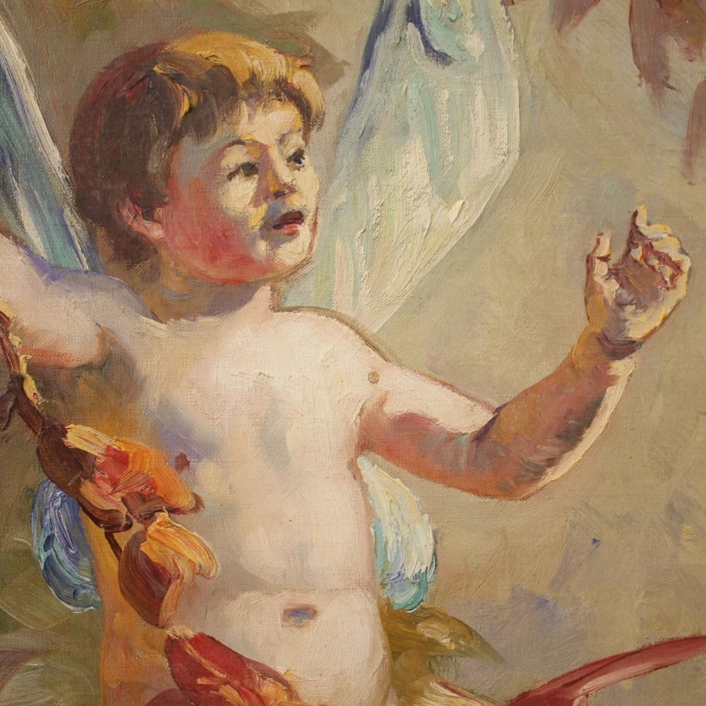 20th Century Oil on Canvas Italian Painting Naif Games of Winged Children, 1960 For Sale 6